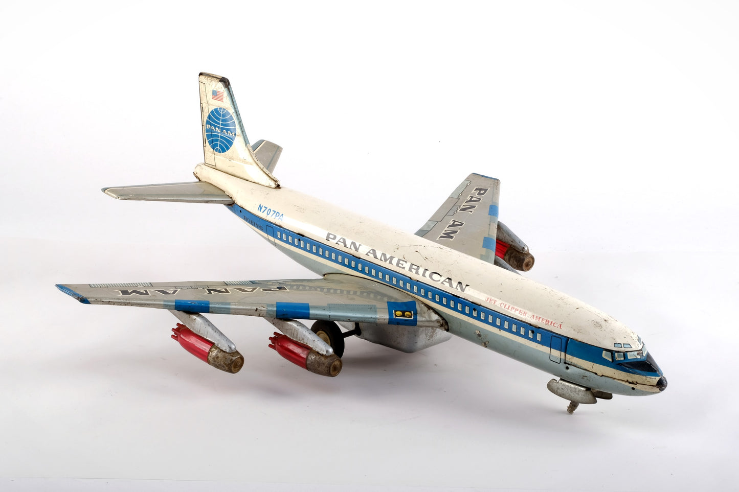 PAN AM BATTERY COMMERCIAL AIRPLANE JET CLIPPER N707PA BOEING TIN TOY