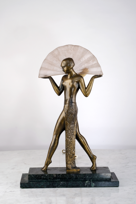 FRENCH ART DECO FEMALE SEMI NUDE BRONZE SCULPTURE TABLE LAMP