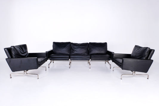 SET OF MODERN STYLE BLACK LEATHER LOUNGE ARM SOFA