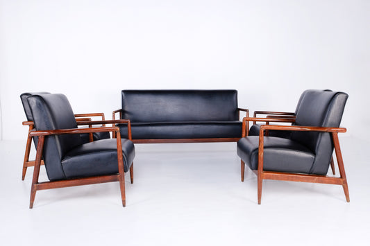 MID CENTURY WOODEN ARMED SOFA SET