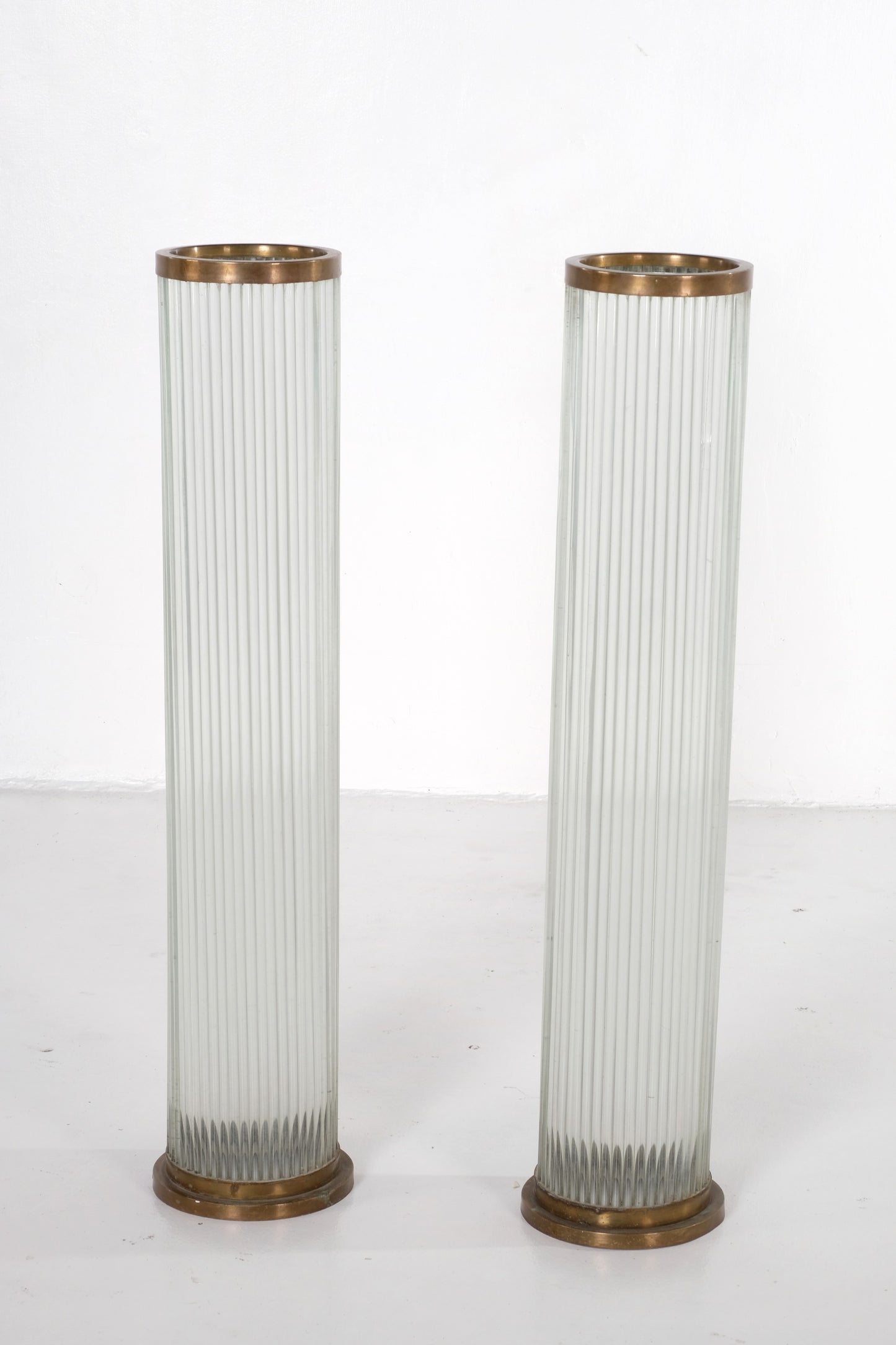 PAIR TALL GLASS CYLINDER WITH BRONZE ACCENTS FLOOR LAMP
