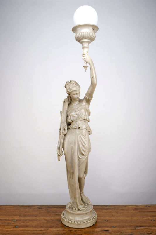 ART DECO PORCELAIN WOMAN AND TORCH STATUE LAMP