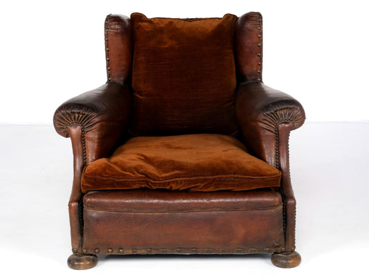 LEATHER AND VELVET LOUNGE ARMCHAIR