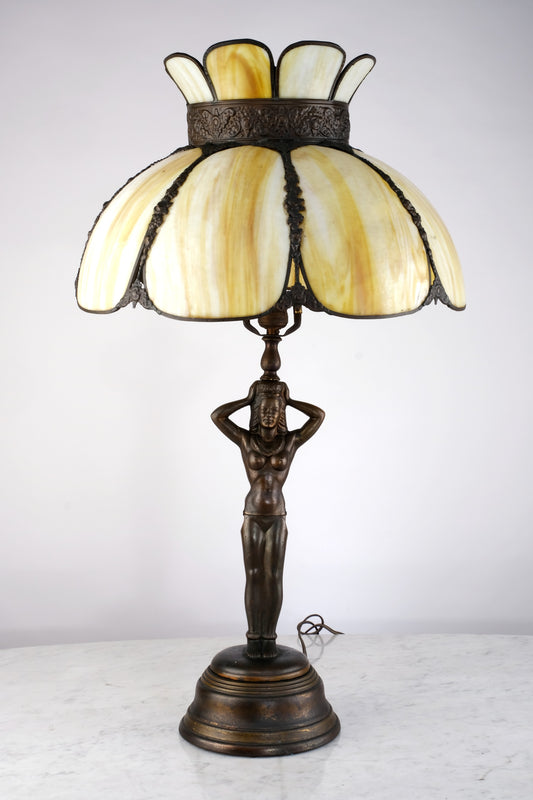 FRENCH ART DECO BRONZE FEMALE HUMAN NUDE SCULPTURE TABLE LAMP