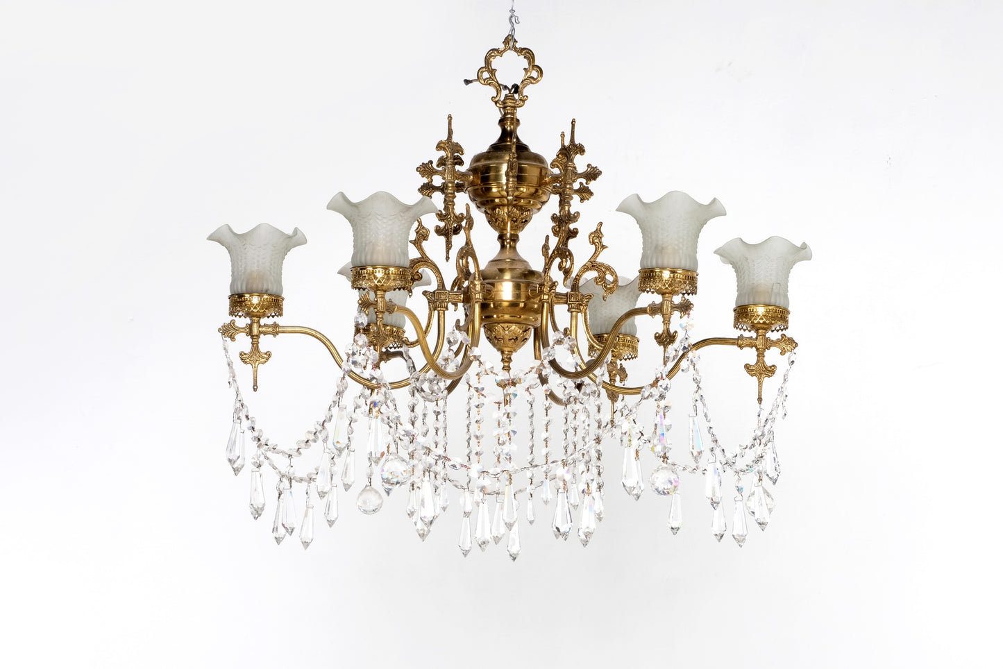 UPLIGHT BRASS WITH HANGED CRYSTALS CHANDELIER